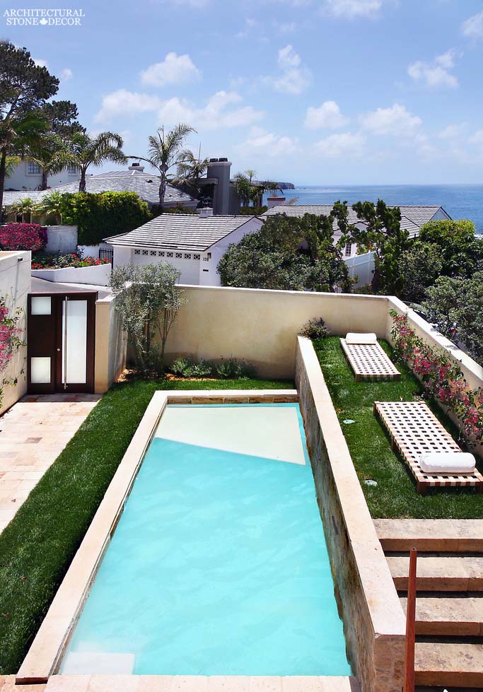 canada toronto vancouver BC CA UK coastal Mediterranean style home villa terrace balcony backyard interior design home décor salvaged reclaimed rustic antique natural stone limestone Dalle de Bourgogne flooring tiles pool coping