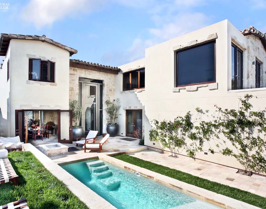 canada toronto vancouver BC CA UK coastal Mediterranean style home villa terrace balcony backyard interior design home décor salvaged reclaimed rustic antique natural stone limestone Dalle de Bourgogne flooring tiles pool coping