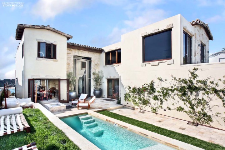 canada toronto vancouver BC CA UK coastal Mediterranean style home villa terrace balcony backyard interior design home décor salvaged reclaimed rustic antique natural stone limestone Dalle de Bourgogne flooring tiles pool coping