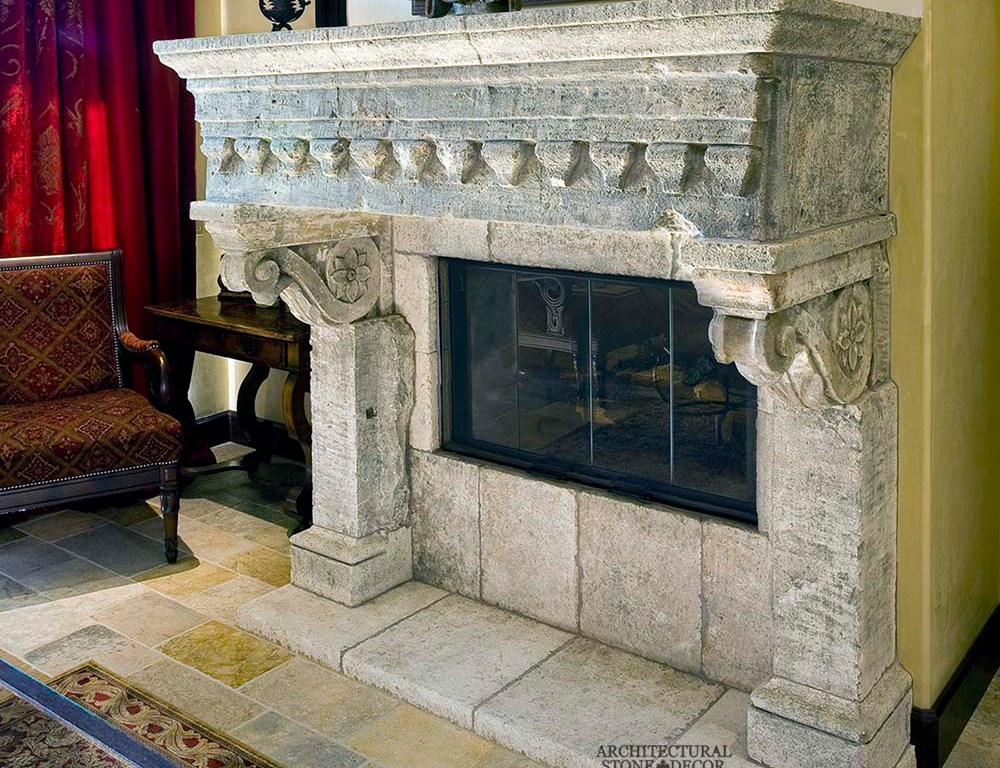 canada toronto vancouver BC CA UK style home villa interior design home décor salvaged reclaimed rustic antique natural stone hand carved limestone fireplace mantel Dalle de Bourgogne flooring tiles