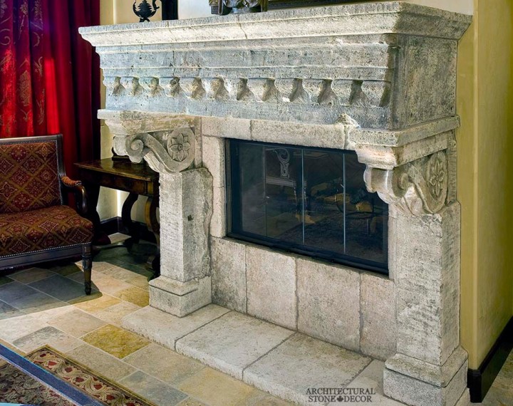 canada toronto vancouver BC CA UK style home villa interior design home décor salvaged reclaimed rustic antique natural stone hand carved limestone fireplace mantel Dalle de Bourgogne flooring tiles