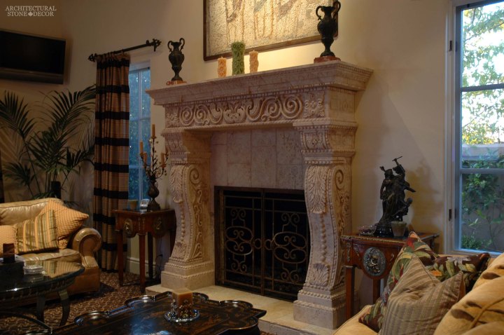 canada toronto vancouver BC CA UK style home villa interior design home decor salvaged reclaimed rustic antique natural stone hand carved Torricelli limestone fireplace mantel