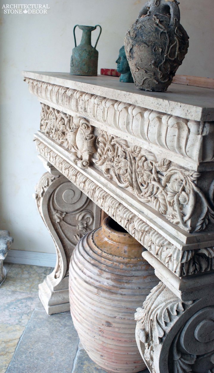 canada toronto vancouver BC CA UK style home villa interior design home decor salvaged reclaimed rustic antique natural stone hand carved limestone Italian style fireplace mantel