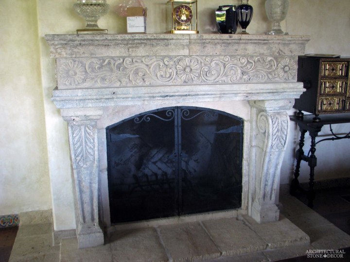 canada toronto vancouver BC CA UK style home villa interior design home decor salvaged reclaimed rustic antique natural stone hand carved Italian style limestone fireplace mantel