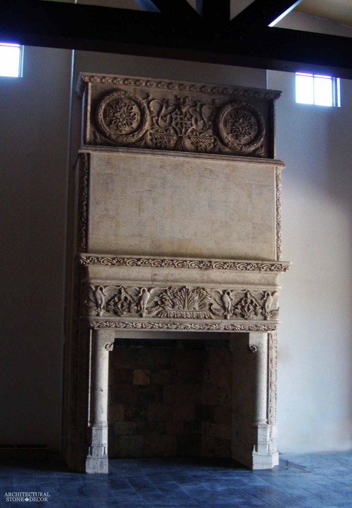 canada toronto vancouver BC CA UK style home villa interior design home décor salvaged reclaimed rustic antique natural stone hand carved limestone fireplace mantel overhead mantel