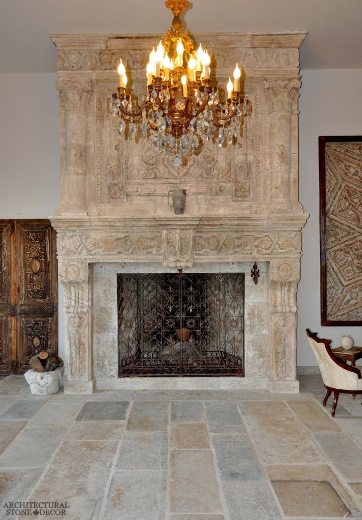 canada toronto vancouver BC CA UK style home villa interior design home décor salvaged reclaimed rustic antique natural stone hand carved limestone fireplace mantel Dalle de Bourgogne flooring tiles