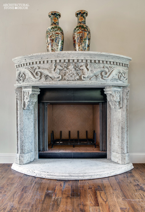 canada toronto vancouver BC CA UK style home villa interior design home décor salvaged reclaimed rustic antique natural stone hand carved limestone Asian fireplace mantel
