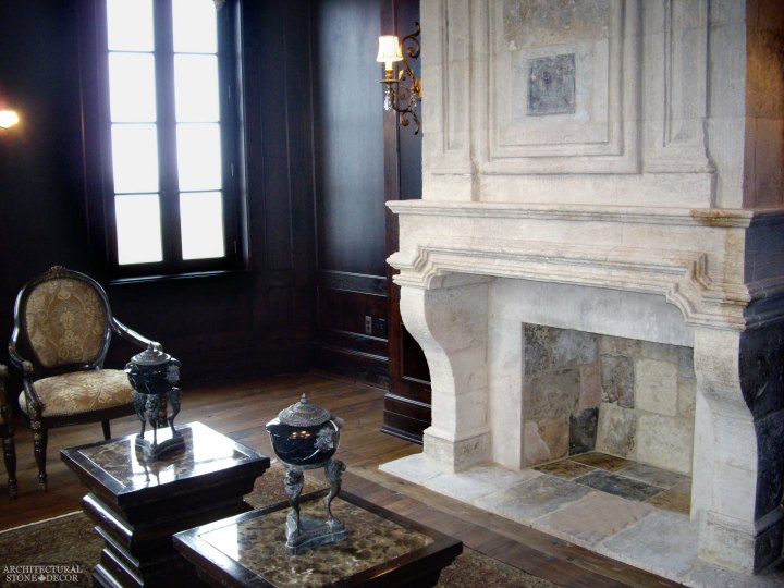 canada toronto vancouver BC CA UK style home villa interior design home décor salvaged reclaimed rustic antique natural stone hand carved limestone fireplace mantel overhead mantel