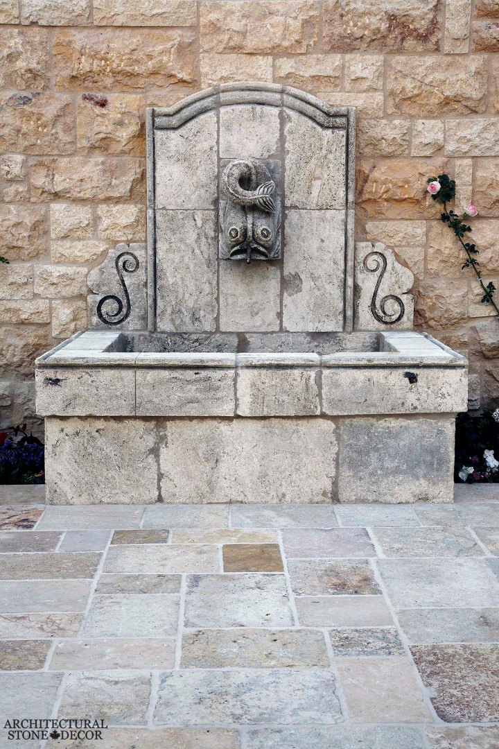 Rustic reclaimed old hand carved Tuscan Italian Mediterranean limestone natural stone wall fountain ca canada UK USA Singapore Qatar