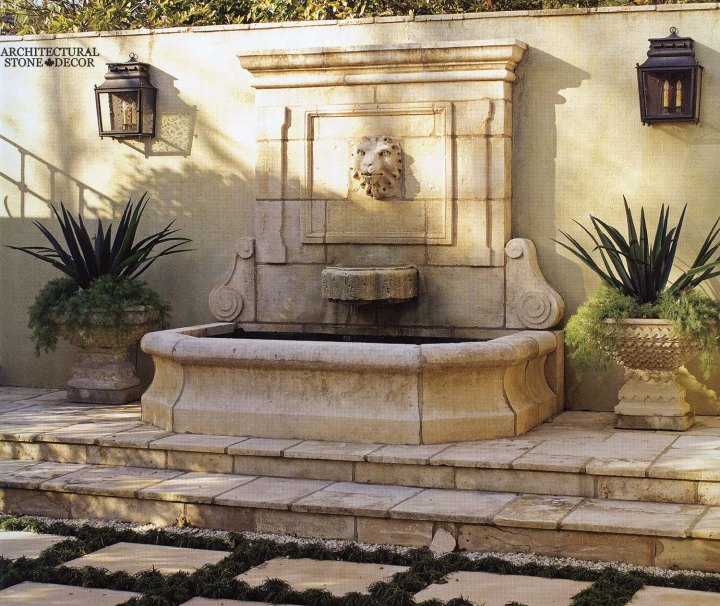 Rustic reclaimed old hand carved Tuscan Italian Mediterranean limestone natural stone wall fountain ca canada UK USA Singapore Qatar