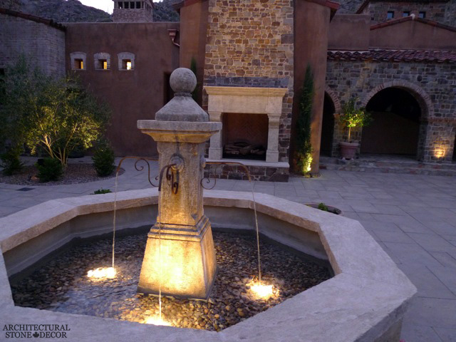 Rustic reclaimed old hand carved Tuscan Italian Mediterranean limestone natural stone pool fountain ca canada UK USA Singapore Qatar