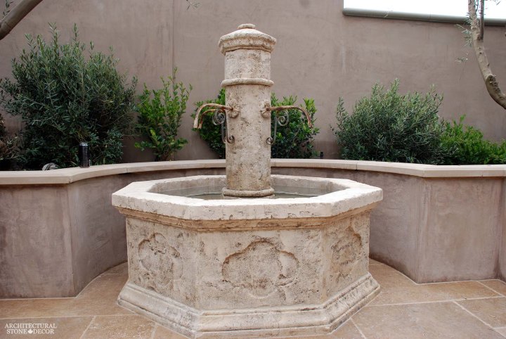Rustic reclaimed old hand carved Tuscan Italian Mediterranean limestone natural stone pool fountain ca canada UK USA Singapore Qatar