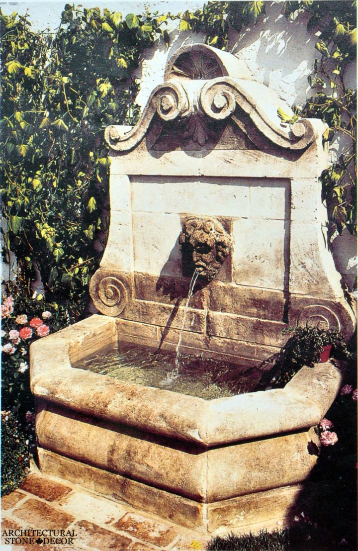 Rustic reclaimed old hand carved Tuscan Italian Mediterranean limestone natural stone wall fountain ca canada UK USA Singapore Qatar