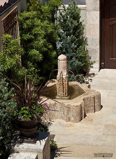 Rustic reclaimed old hand carved Tuscan Italian Mediterranean limestone natural stone pool fountain ca canada UK USA Singapore Qatar