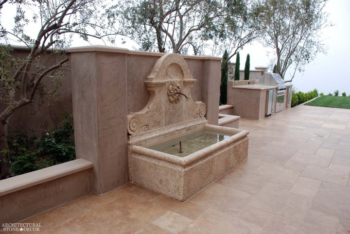 Rustic reclaimed old hand carved Tuscan Italian Mediterranean limestone natural stone wall fountain garden ca canada UK USA Singapore Qatar