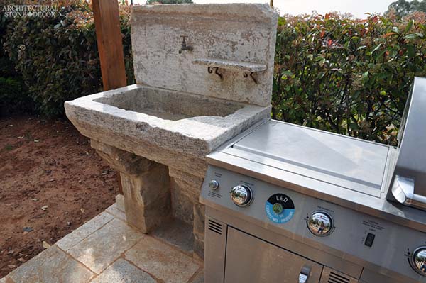 Rustic reclaimed old hand carved limestone natural stone sink outdoor kitchen terrace garden backyard ca canada