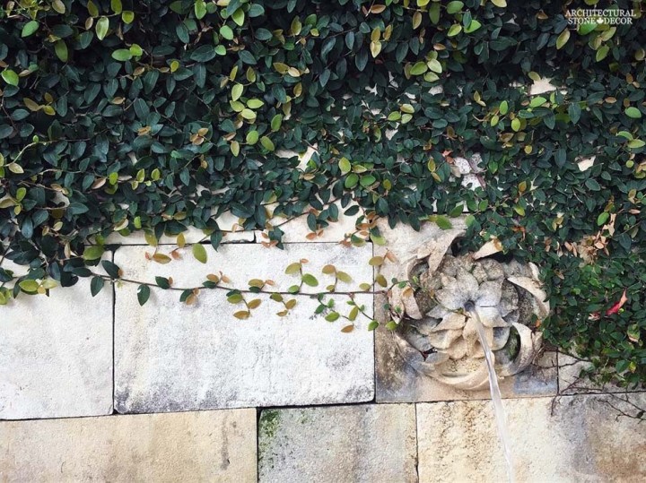 Tuscan Mediterranean Rustic reclaimed old hand carved limestone natural stone wall fountain terrace garden backyard ca canada usa