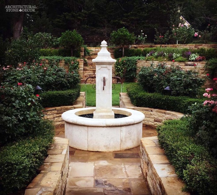 French country Rustic reclaimed old hand carved limestone natural stone pool fountain terrace garden backyard ca canada usa
