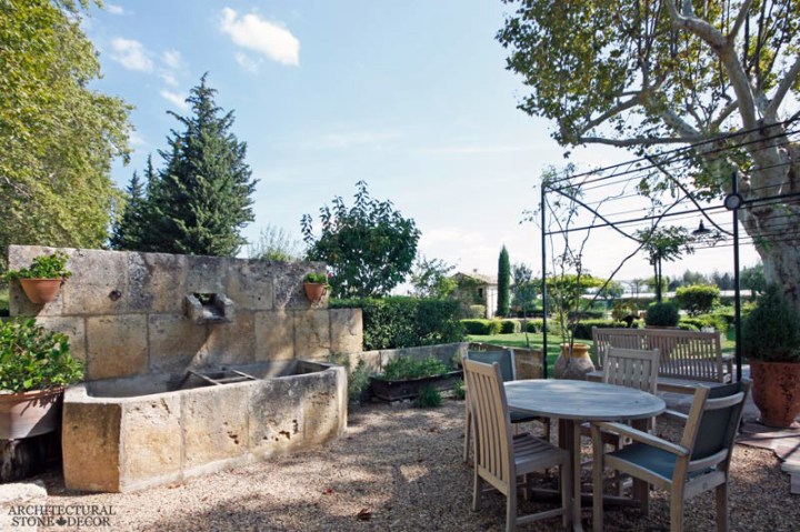 French Provence Rustic reclaimed old hand carved limestone natural stone wall fountain terrace garden backyard ca