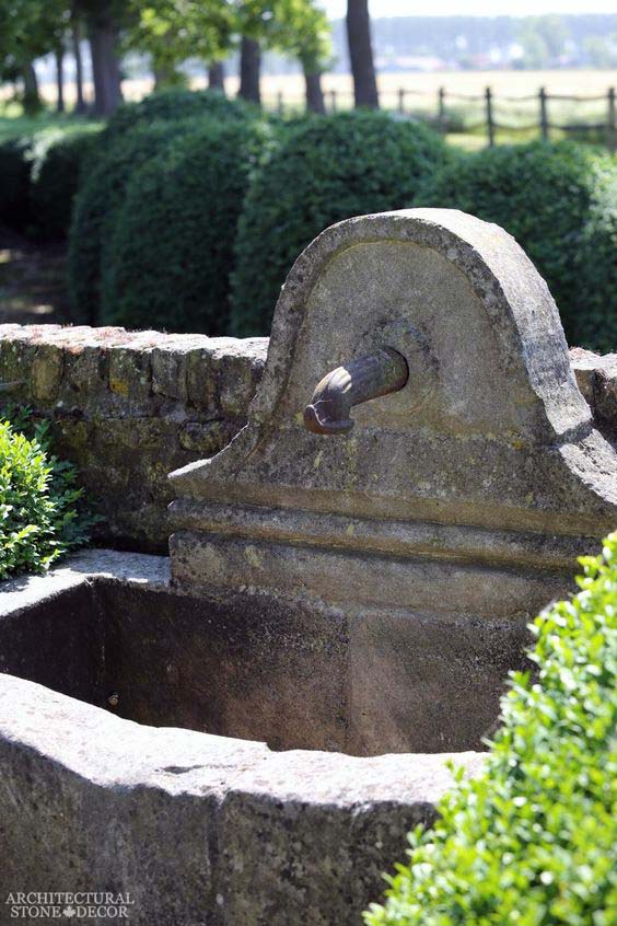 Tuscan Mediterranean Rustic reclaimed old hand carved limestone natural stone wall fountain terrace garden backyard ca