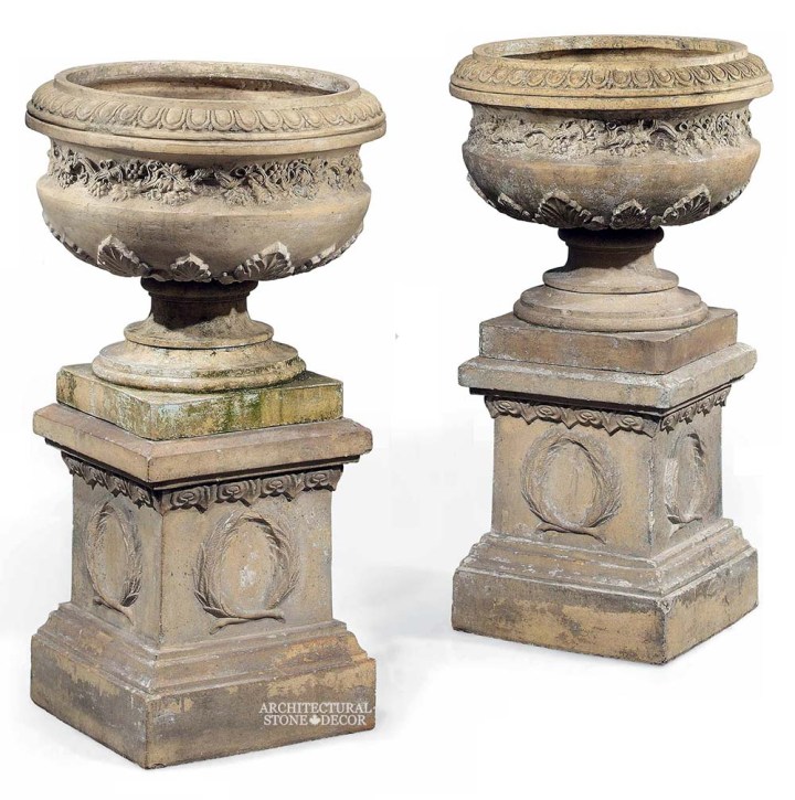 Rustic reclaimed old hand carved garden pedestal planters design landscape home decor limestone natural stone ca Canada UK USA