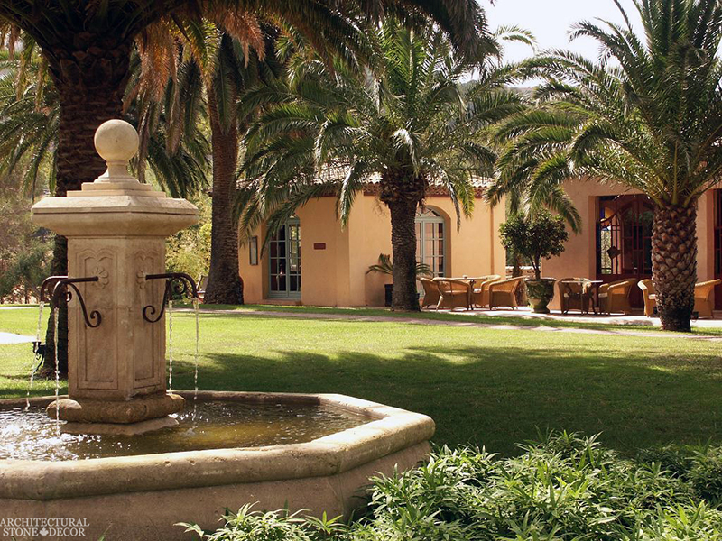 Tuscan Mediterranean Rustic reclaimed old hand carved limestone natural stone pool fountain terrace garden backyard ca canada usa