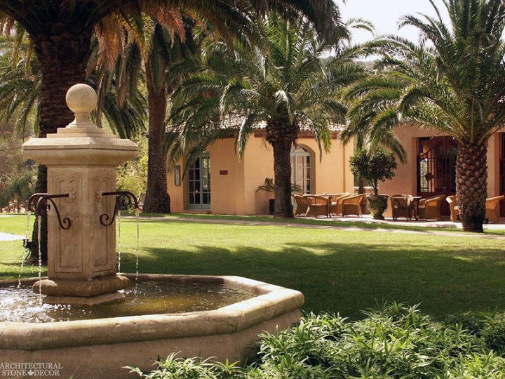 Tuscan Mediterranean Rustic reclaimed old hand carved limestone natural stone pool fountain terrace garden backyard ca canada usa
