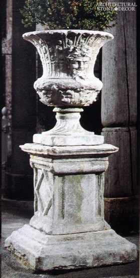 hand carved old limestone pedestal vase Bacchus Greek style ca canada home decor design landscape