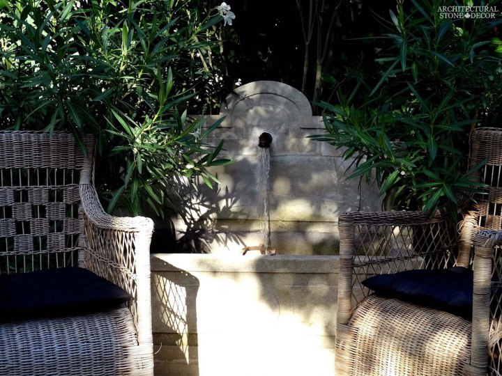 Tuscan Mediterranean Rustic reclaimed old hand carved limestone natural stone wall fountain terrace garden backyard ca