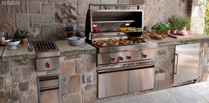 Rustic reclaimed old hand carved limestone natural stone sink outdoor kitchen barbecue bbq countertops terrace garden backyard ca