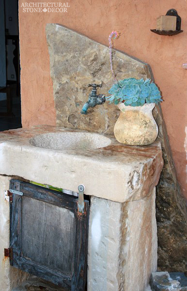 Rustic reclaimed old hand carved limestone natural stone sink outdoor kitchen terrace garden backyard ca canada