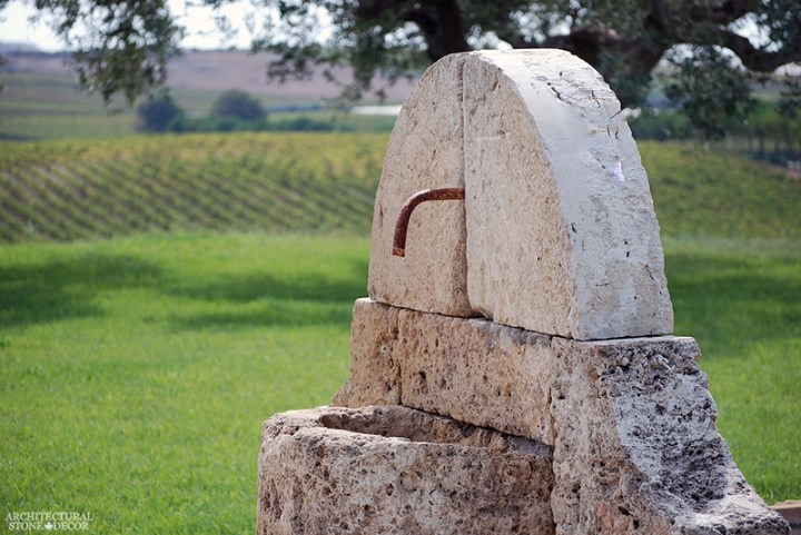 Tuscan Mediterranean Rustic reclaimed old hand carved limestone natural stone wall fountain terrace garden backyard ca canada bc usa