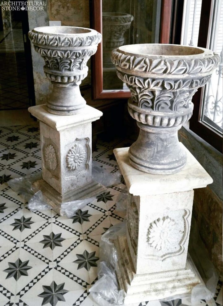 Rustic reclaimed old hand carved pedestals and planters design home decor limestone natural stone ca canada UK USA