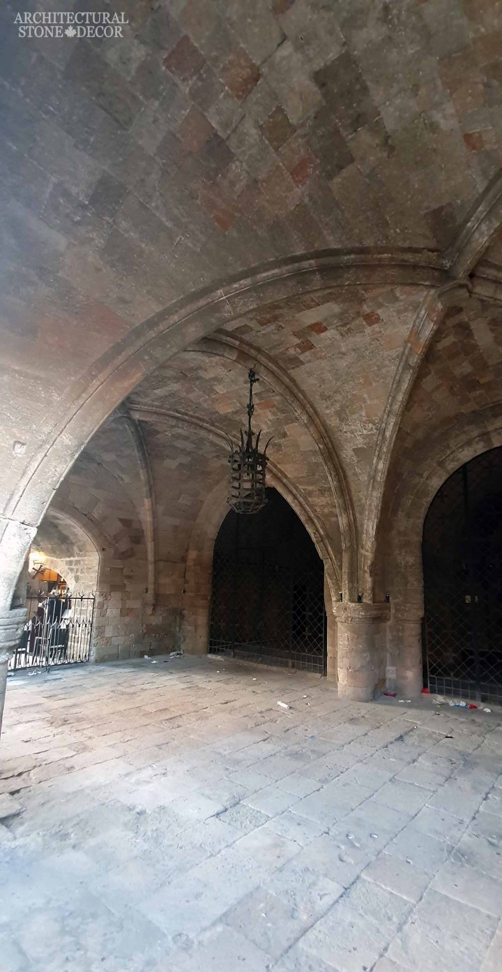 old town Rhodes natural stone flooring ceiling arches columns architecture home interior design Medieval style ca BC canada