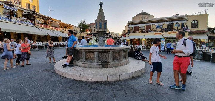Mediterranean style old town Rhodes natural stone pool fountain architecture interior design ca BC canada