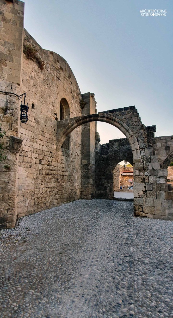 Mediterranean style old town Rhodes natural stone exterior cladding arch architecture home interior design ca BC canada