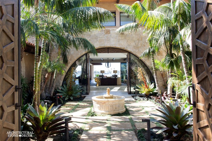 Outdoor limestone pool fountain ca BC