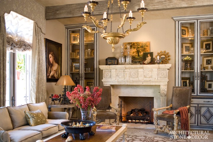 Hand carved antiqued reclaimed French style interior design natural stone limestone fireplace mantel home decor canada ca uk usa