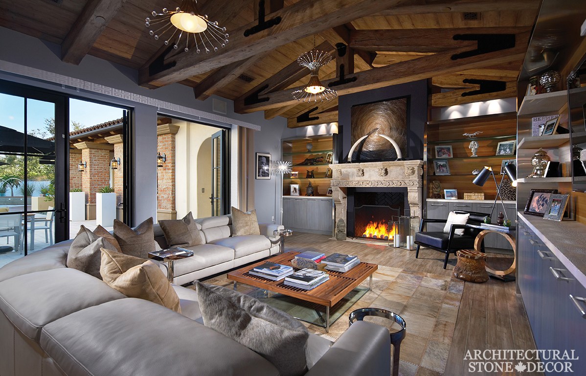 Hand carved reclaimed antiqued hunting lodge cabin interior design natural stone limestone fireplace mantel home decor canada ca uk usa