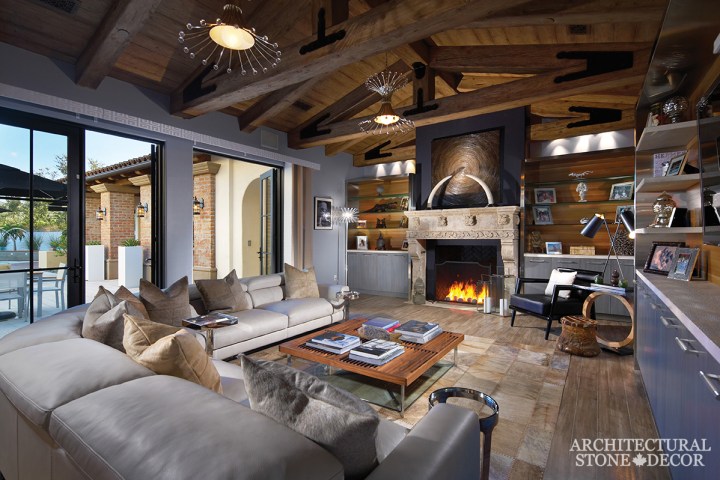 Hand carved reclaimed antiqued hunting lodge cabin interior design natural stone limestone fireplace mantel home decor canada ca uk usa
