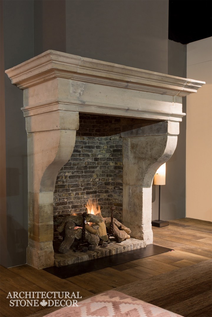 Hand carved reclaimed antiqued old world interior design natural stone limestone fireplace mantel home decor Canada CA UK USA BC