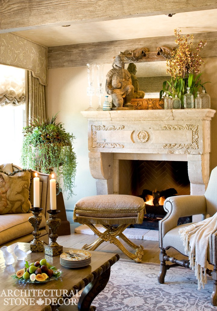 Hand carved reclaimed French country Zen interior design natural stone limestone fireplace mantel home decor canada ca uk usa