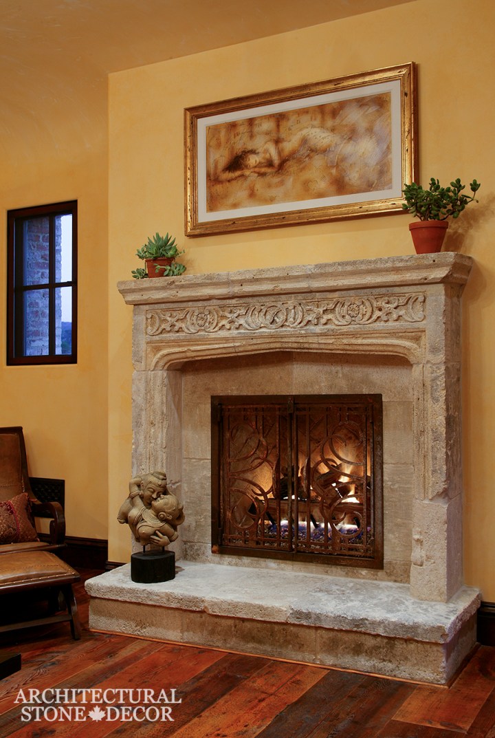 Hand carved reclaimed antiqued interior design natural stone limestone fireplace mantel home decor canada ca uk usa