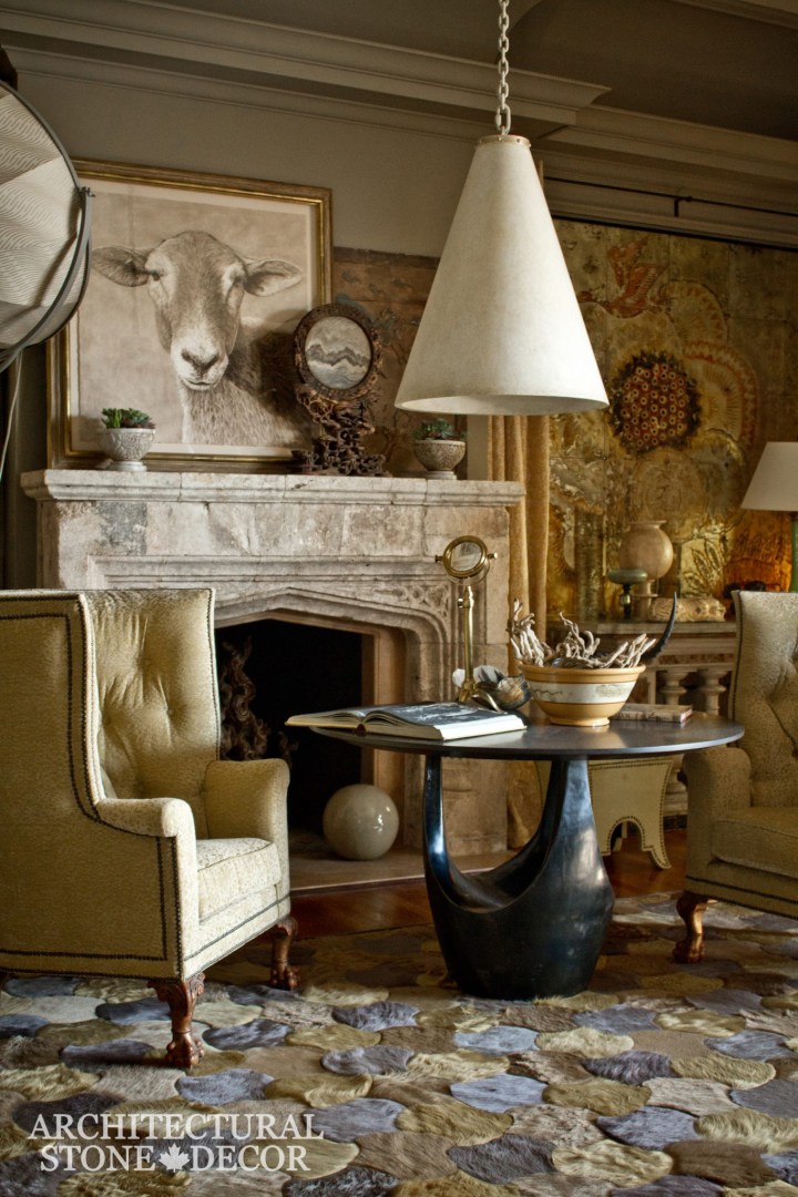 Hand carved reclaimed antiqued rustic English Tudorian style old mantel interior design natural stone limestone fireplace Canada CA UK USA BC