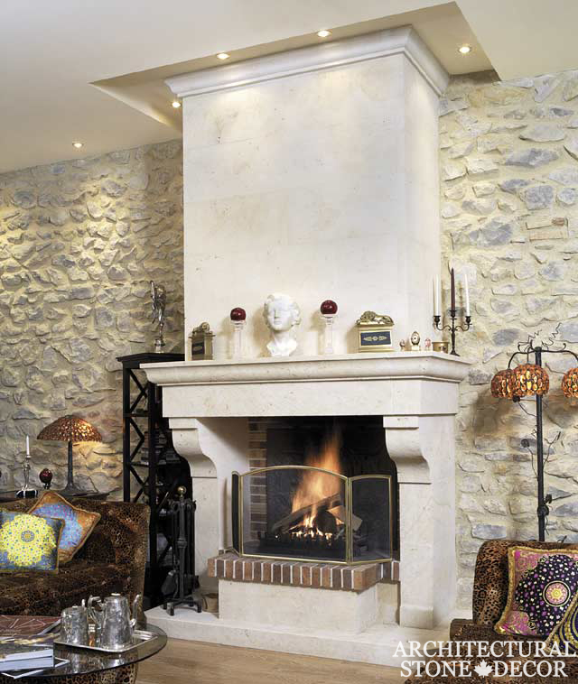 Hand carved Mediterranean natural stone limestone fireplace mantel interior design home decor canada ca uk usa