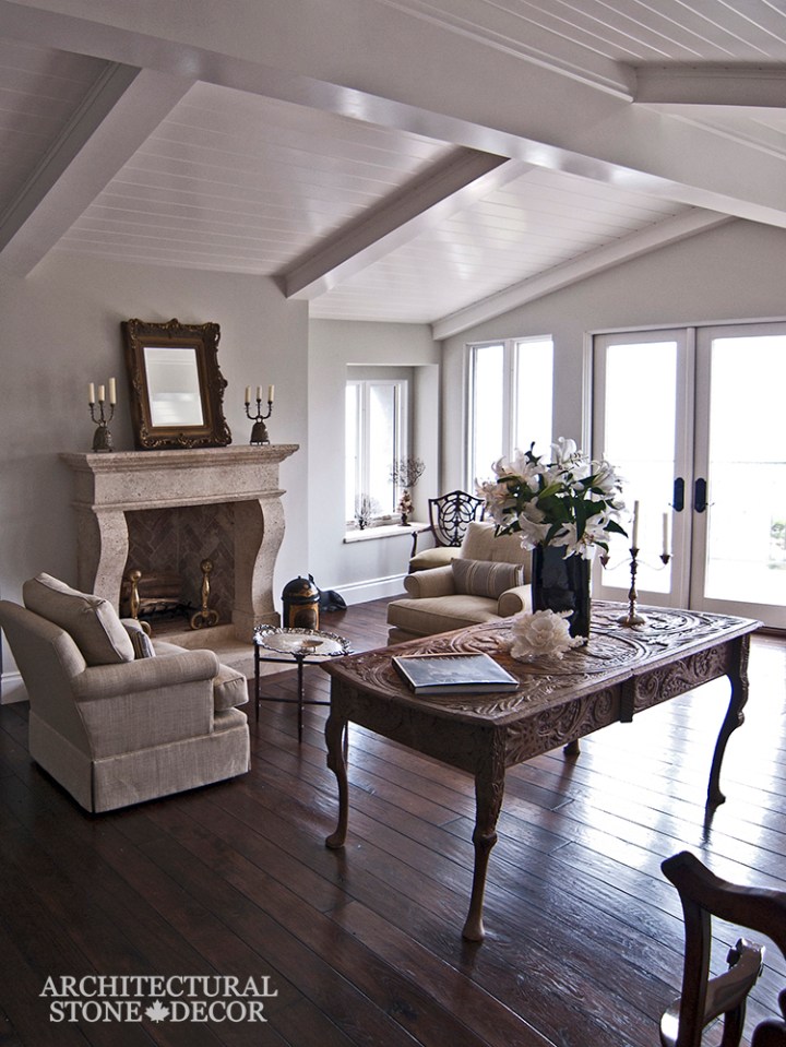 Hand carved French country natural stone limestone fireplace mantel interior design home decor canada ca uk usa