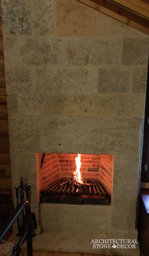 Cabin style embedded reclaimed "Barre Montpelier" limestone cladding mantel Canada CA UK USA BC