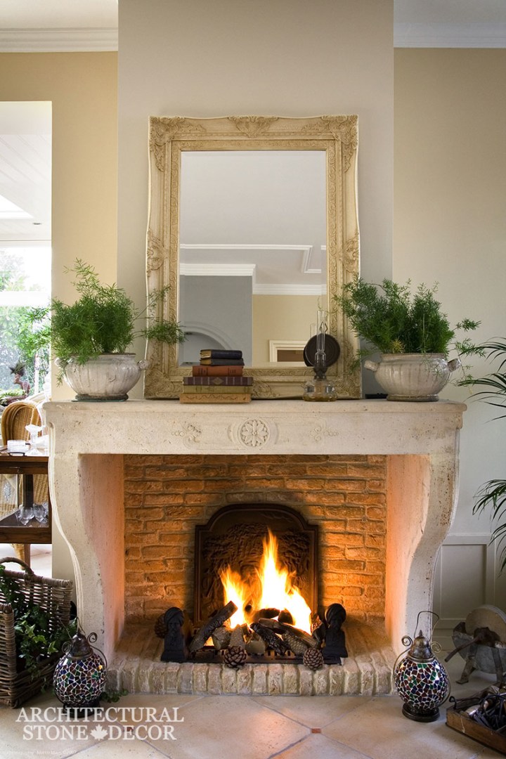 Hand carved reclaimed antiqued French Louis style interior design natural stone limestone fireplace mantel home decor Canada CA UK USA BC
