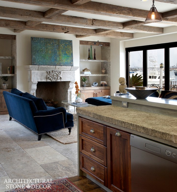 Hand carved reclaimed coastal Mediterranean natural stone limestone fireplace mantel home decor Canada CA UK USA BC