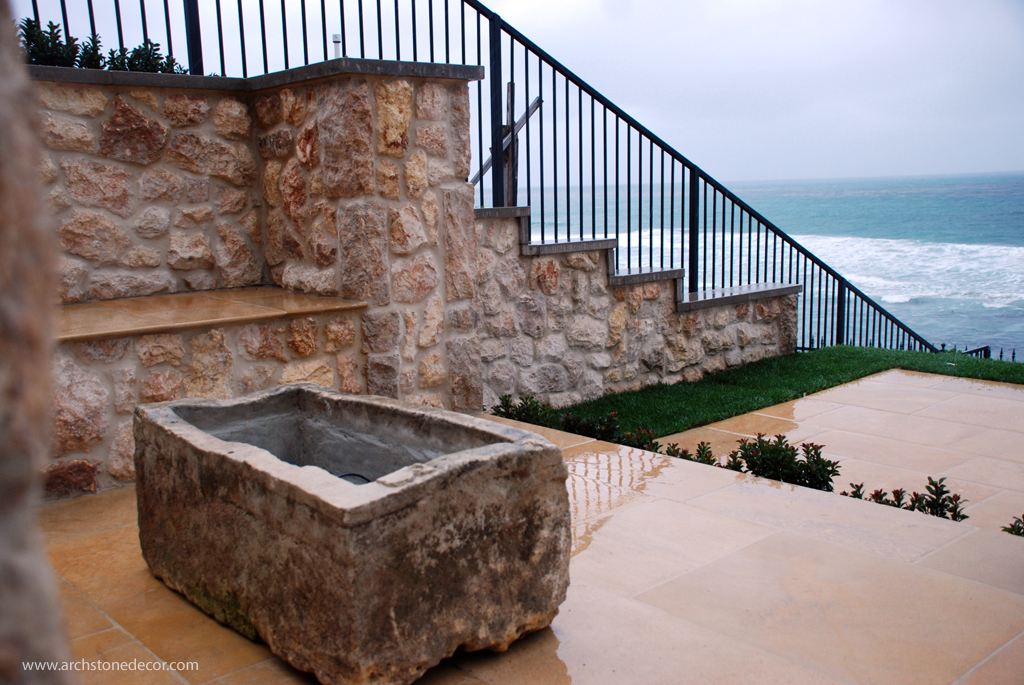 Reclaimed rustic antique hand carved stone trough outdoor fire pit terrace landscape patio